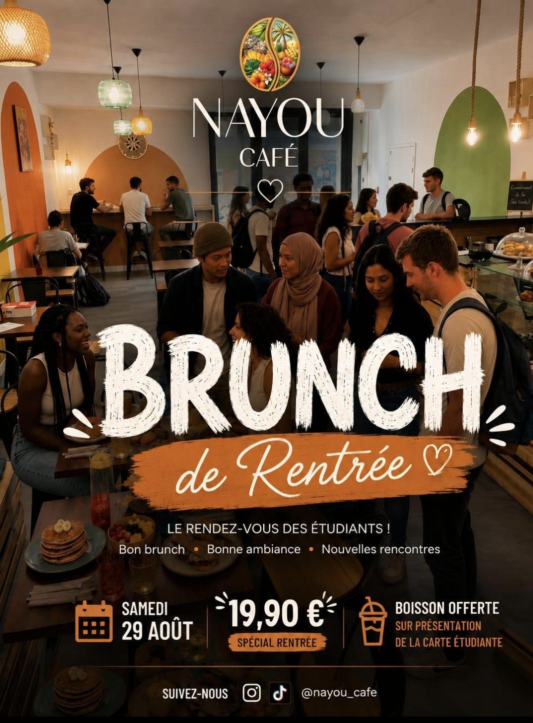 Flyer Brunch de Rentrée Nayou Café — samedi 29 août, 19,90 €, boisson offerte avec carte étudiante