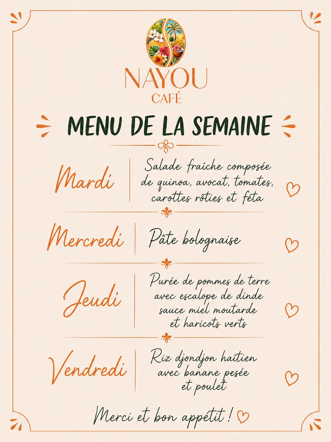 Menu de la semaine du 8 au 11 septembre — Mardi : salade fraîche quinoa, avocat, tomates, carottes rôties et féta ; Mercredi : pâtes bolognaise ; Jeudi : purée de pommes de terre, escalope de dinde sauce miel-moutarde et haricots verts ; Vendredi : riz djondjon haïtien, banane pesée et poulet
