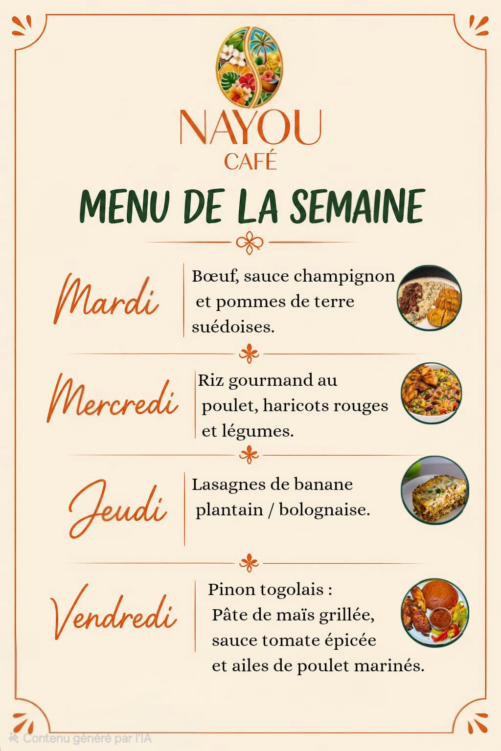 Menu de la semaine du 15 au 18 septembre — Mardi : bœuf sauce champignon et pommes de terre suédoises ; Mercredi : riz gourmand au poulet, haricots rouges et légumes ; Jeudi : lasagnes de banane plantain bolognaise ; Vendredi : pinon togolais, pâte de maïs grillée, sauce tomate épicée et ailes de poulet marinées
